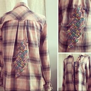Grateful Dead dancing bear/lightning bolt patched, pink flannel shirt.